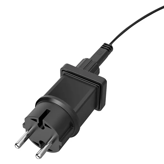 Hama LED-Gartenstrahler WLAN Gartenstecker - Schwarz - Schwarzer zweipoliger Netzsteckeradapter mit angeschlossenem Kabel.