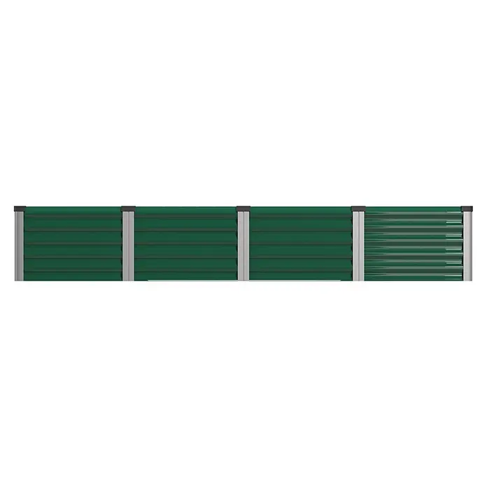 Vitavia Hochbeet Meta In & Out 401 - 245 x 65 x 40 cm, Zincalume®, Seegras/Alu - Dunkelgrüner Wellblech-Sichtschutz mit hellgrauen Pfosten und dunkelgrauen Kappen.