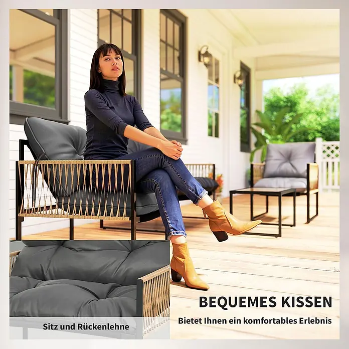 Outsunny Loungemöbel-Set - 4 -tlg., PE-Rattan, Polyester, 2x Stuhl, 1x Sofa, 1x Tisch, 3x Sitzkissen, Dunkelgrau - Frau sitzt auf grauem Outdoor-Loungesessel mit bequemen Kissen und geflochtenen Seiten auf einer Terrasse.