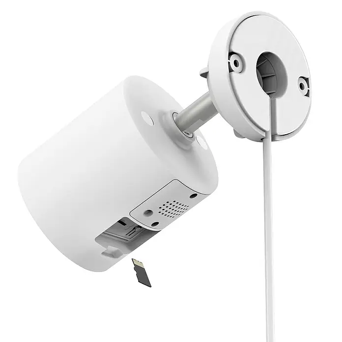 Hama Überwachungskamera 00176670 mit Licht u. Bewegungsmelder smart -  - Weiße Überwachungskamera mit zylindrischem Gehäuse und Montagearm, zeigt einen offenen Steckplatz mit einer microSD-Karte.