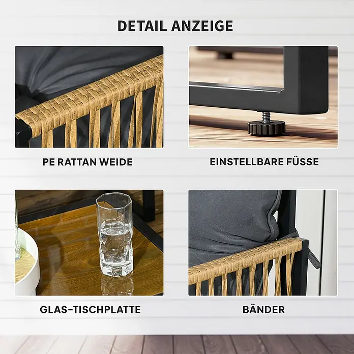 Outsunny Loungemöbel-Set - 4 -tlg., PE-Rattan, Polyester, 2x Stuhl, 1x Sofa, 1x Tisch, 3x Sitzkissen, Dunkelgrau - Details eines Outdoor-Möbelsets: PE-Rattan-Geflecht, eine Glas-Tischplatte, verstellbare Füße und sichere Kissenbänder.