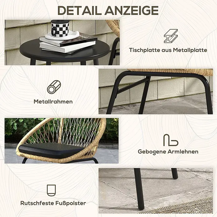 Outsunny Loungemöbel-Set mit Tisch - 3 -tlg., Legierter Stahl, PE-Rattan, Polyester, 2x Stuhl, 1x Tisch, 2x Sitzkissen, 1x Handbuch, Gelb - Detailansicht von Outdoor-Tisch und Stuhl, zeigt Metallrahmen, Tischplatte, gebogene Armlehnen und rutschfeste Fußpolster.