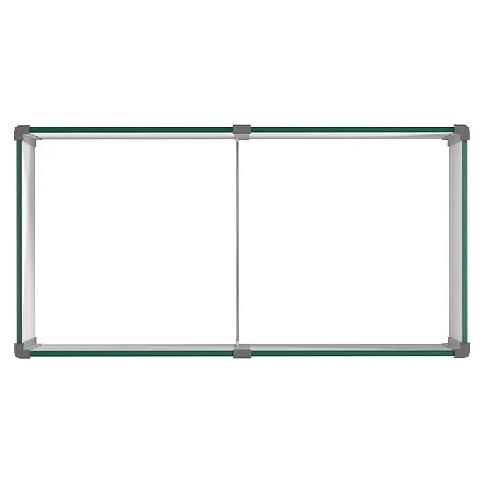 Vitavia Hochbeet Meta 858 - 187,7 x 96,2 x 85,8 cm, Zincalume®, Seegras/Alu - Silberner Aluminium-Whiteboardrahmen mit grünen Kanten und zwei mittigen vertikalen Stäben, der die Anzeigefläche teilt.