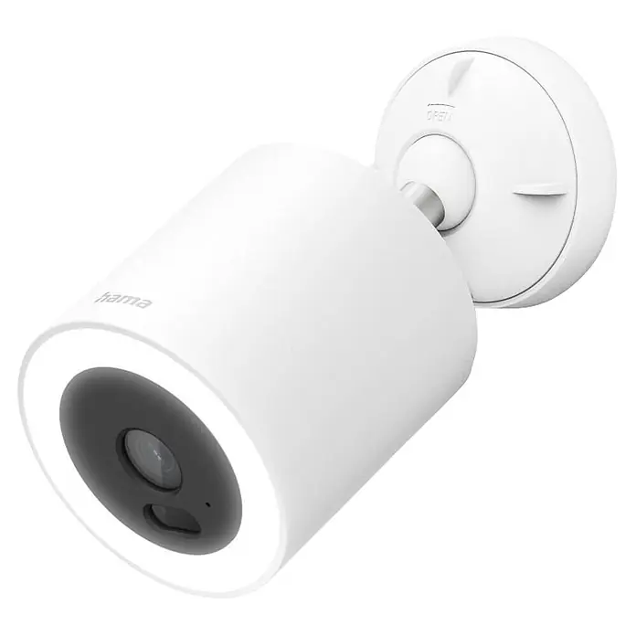 Hama Überwachungskamera 00176670 mit Licht u. Bewegungsmelder smart -  - Eine weiße Hama Überwachungskamera mit schwarzer Linse und leuchtendem Ring, auf einem runden weißen Sockel montiert.