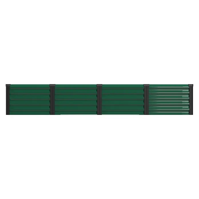Vitavia Hochbeet Meta In & Out 401 - 245 x 65 x 40 cm, Zincalume®, Seegras/Schwarz - Dunkelgrüne Wellblech-Zaunplatten mit schwarzen vertikalen Pfosten.