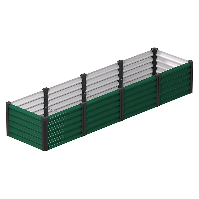 Vitavia Hochbeet Meta In & Out 401 - 245 x 65 x 40 cm, Zincalume®, Seegras/Schwarz - Langes, grünes Hochbeet aus Wellblech mit silberner Innenseite und schwarzen Eck- und Stützpfosten.