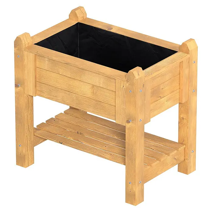 Promadino Kräuterhochbeet - 90 x 60 x 84,5 cm, Honigbraun - Hellbraunes Hochbeet aus Holz mit schwarzer Einlage und einer Lattenablage unten.