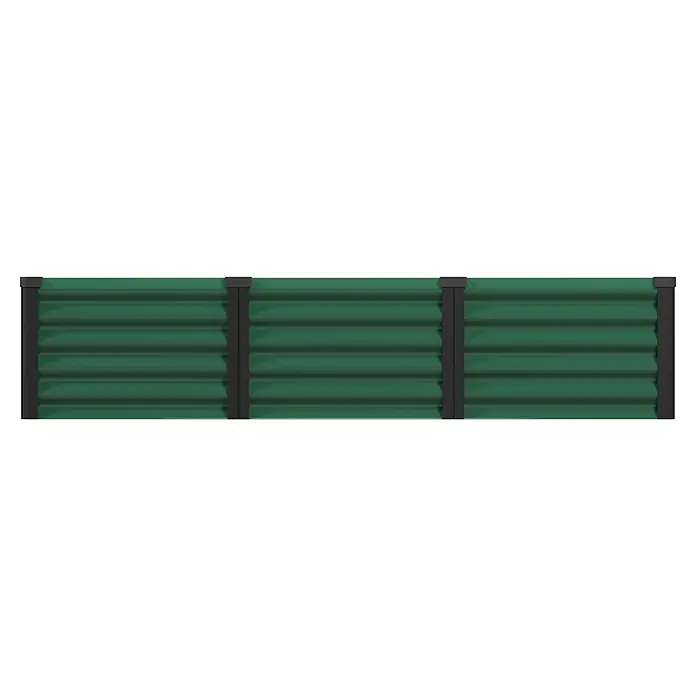 Vitavia Hochbeet Meta In & Out 401 - 185 x 185 x 40 cm, Zincalume®, Seegras/Schwarz - Drei miteinander verbundene grüne Lamellen-Sichtschutzelemente mit schwarzen Stützpfosten.