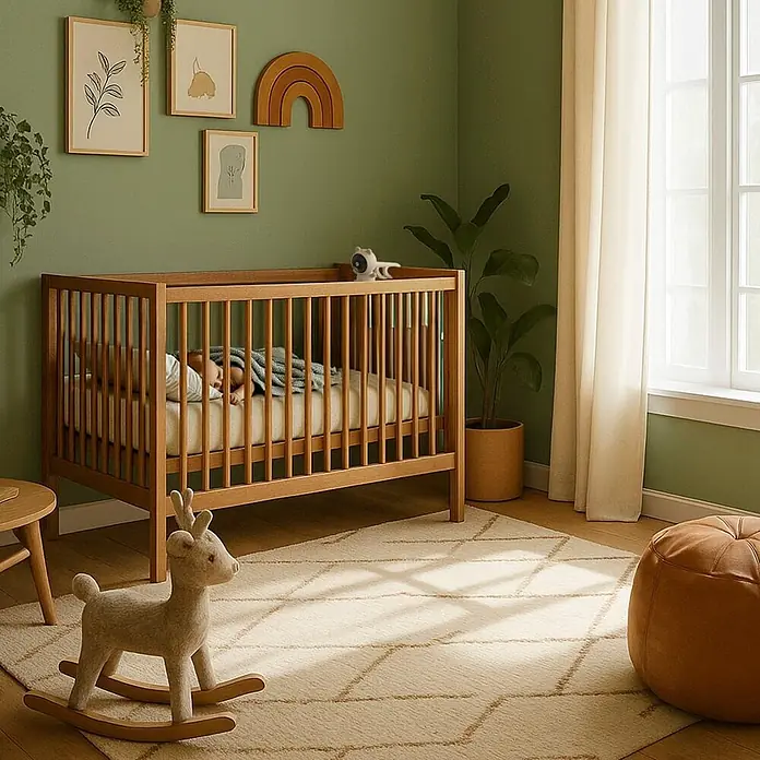 Hama Überwachungskamera 00176673 WLAN mit Kamera -  - Babybett aus hellem Holz mit schlafendem Baby darin.