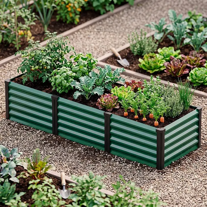 Vitavia Hochbeet Meta In & Out 401 - 185 x 65 x 40 cm, Zincalume®, Seegras/Schwarz - Grünes Hochbeet aus Wellblech mit verschiedenen Pflanzen und Gemüse in einem Garten.