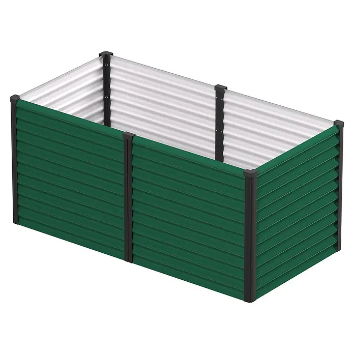 Vitavia Hochbeet Meta 858 - 187,7 x 96,2 x 85,8 cm, Zincalume®, Seegras/Schwarz - Grünes Hochbeet aus Wellblech mit schwarzen Eckpfosten und silberner Innenseite.