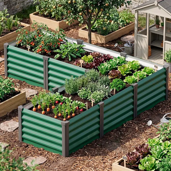 Vitavia Hochbeet Meta In & Out 401 - 185 x 185 x 40 cm, Zincalume®, Seegras/Schwarz - Dunkelgrüne Wellblech-Hochbeete mit grauen Eckpfosten, gefüllt mit verschiedenen Pflanzen in einer Gartenumgebung.