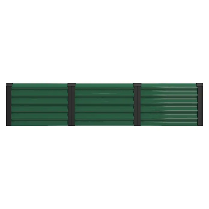 Vitavia Hochbeet Meta In & Out 401 - 185 x 65 x 40 cm, Zincalume®, Seegras/Schwarz - Grünes Wellblech-Zaunfeld mit schwarzen vertikalen Stützpfosten.