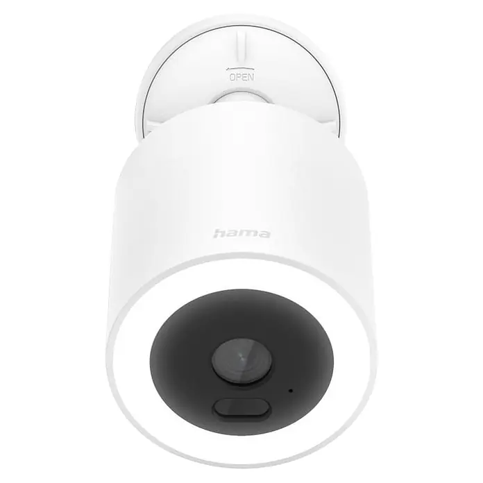 Hama Überwachungskamera 00176670 mit Licht u. Bewegungsmelder smart -  - Weiße zylindrische Hama Überwachungskamera mit schwarzem Objektivbereich, sichtbarer Linse und Taste. 'OPEN' am Sockel.