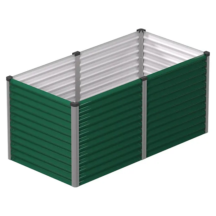 Vitavia Hochbeet Meta 858 - 187,7 x 96,2 x 85,8 cm, Zincalume®, Seegras/Alu - Grünes und silbernes Hochbeet aus Wellblech mit grauen Eckstützen.