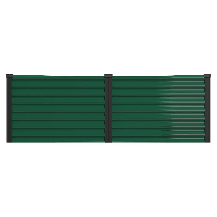 Vitavia Hochbeet Meta 630 - 187,7 x 96,2 x 63 cm, Zincalume®, Seegras/Schwarz - Zwei Sektionen eines grünen Wellblechzauns mit dunkelgrauen vertikalen Pfosten.