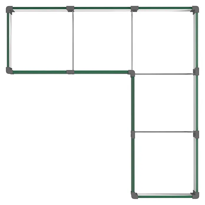 Vitavia Hochbeet Meta In & Out 401 - 185 x 185 x 40 cm, Zincalume®, Seegras/Schwarz - Grüner modularer Tierzaun mit grauen Verbindern, L-förmig aufgebaut.