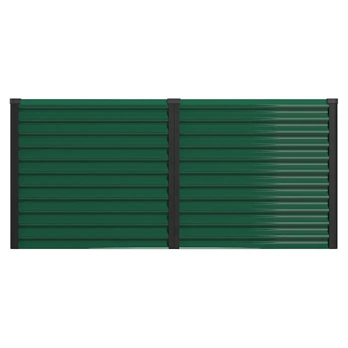 Vitavia Hochbeet Meta 858 - 187,7 x 96,2 x 85,8 cm, Zincalume®, Seegras/Schwarz - Grüner Wellblech-Sichtschutzzaun mit dunklen vertikalen Pfosten.