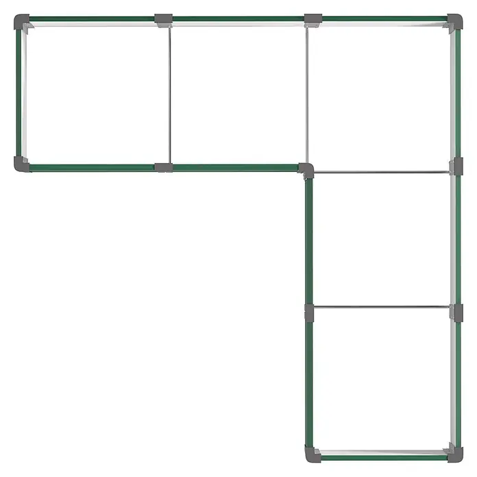 Vitavia Hochbeet Meta In & Out 401 - 185 x 185 x 40 cm, Zincalume®, Seegras/Alu - Grünes Drahtgitter-Gehege mit grauen Verbindungsstücken, das einen L-förmigen modularen Laufstall bildet.