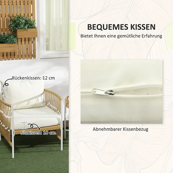 Outsunny Loungemöbel-Set mit Tisch - 3 -tlg., PE-Rattan, Polyester, legierter Stahl, 2x Stühle, 1x Tisch, 2x Sitzkissen, 2x Rückenkissen, 1x Handbuch, Gelb - Cremefarbene Kissen für einen Gartenstuhl: 12cm Rücken- und 10cm Sitzkissen. Mit abnehmbarem Bezug und Reißverschluss.