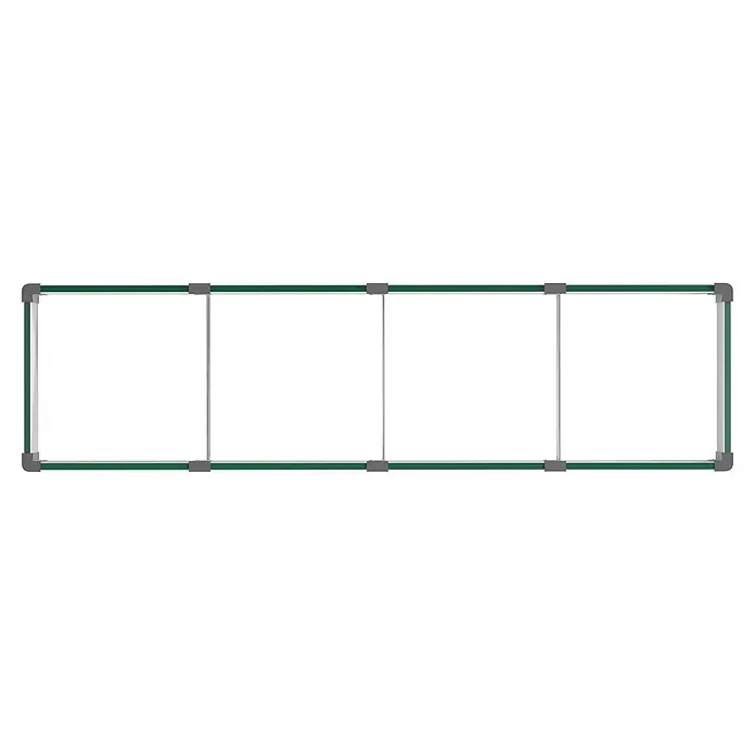 Vitavia Hochbeet Meta In & Out 401 - 245 x 65 x 40 cm, Zincalume®, Seegras/Alu - Rechteckiger dunkelgrüner und grauer Tafelrahmen mit silbernen vertikalen Trennstegen.