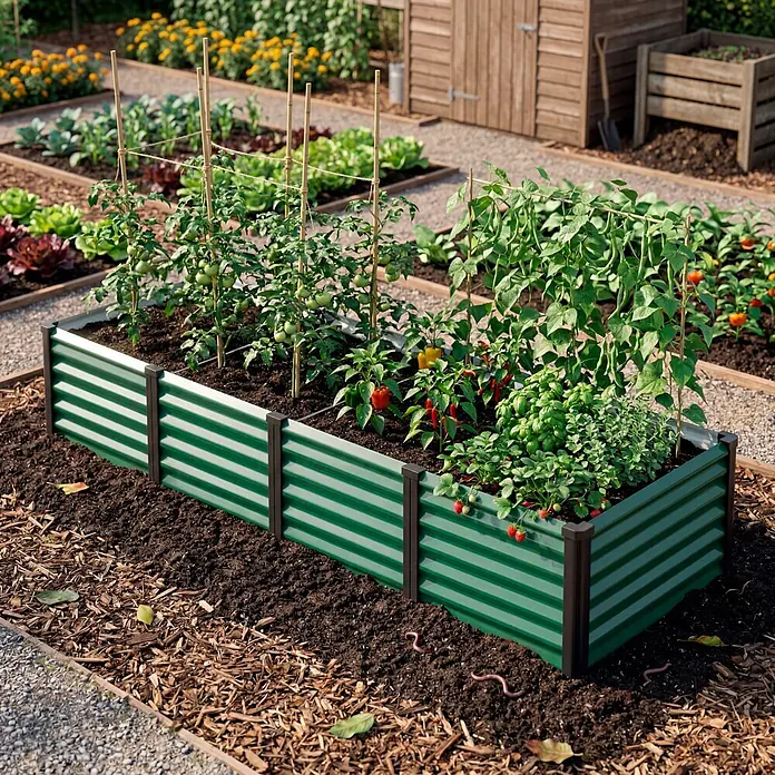 Vitavia Hochbeet Meta In & Out 401 - 245 x 65 x 40 cm, Zincalume®, Seegras/Schwarz - Ein grünes Hochbeet aus Wellblech in einem Garten, gefüllt mit Tomaten, Paprika und Erdbeeren.