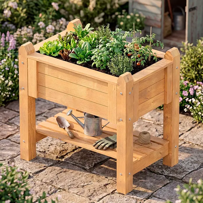 Promadino Kräuterhochbeet - 90 x 60 x 84,5 cm, Honigbraun - Hellbraunes Hochbeet aus Holz mit verschiedenen Pflanzen, die untere Ablage enthält Gartengeräte wie Gießkanne, Schaufel und Handschuhe.