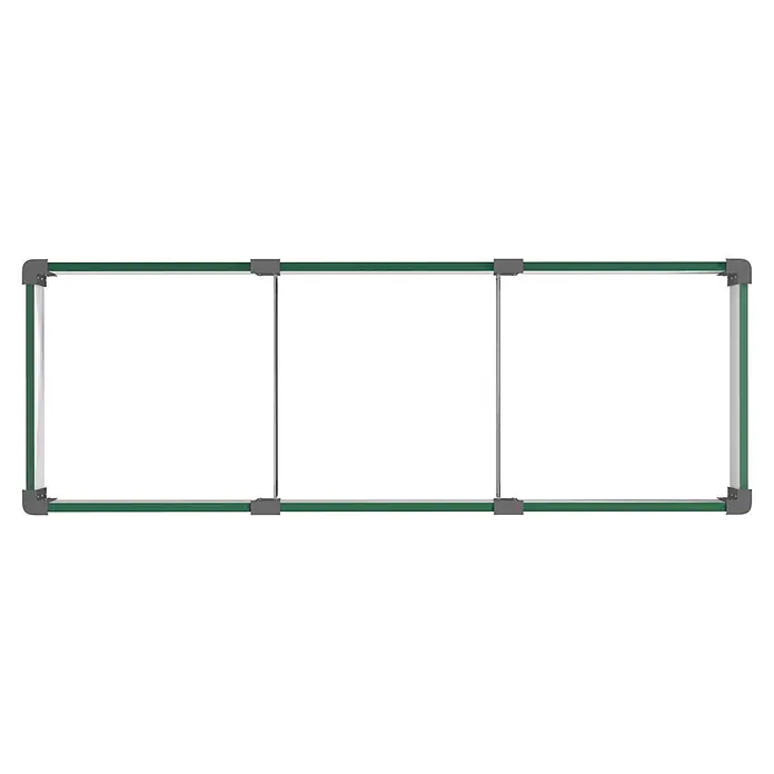 Vitavia Hochbeet Meta In & Out 401 - 185 x 65 x 40 cm, Zincalume®, Seegras/Schwarz - Dreiteilige Anzeigetafel mit grünem Rahmen und silbernen Trennwänden.