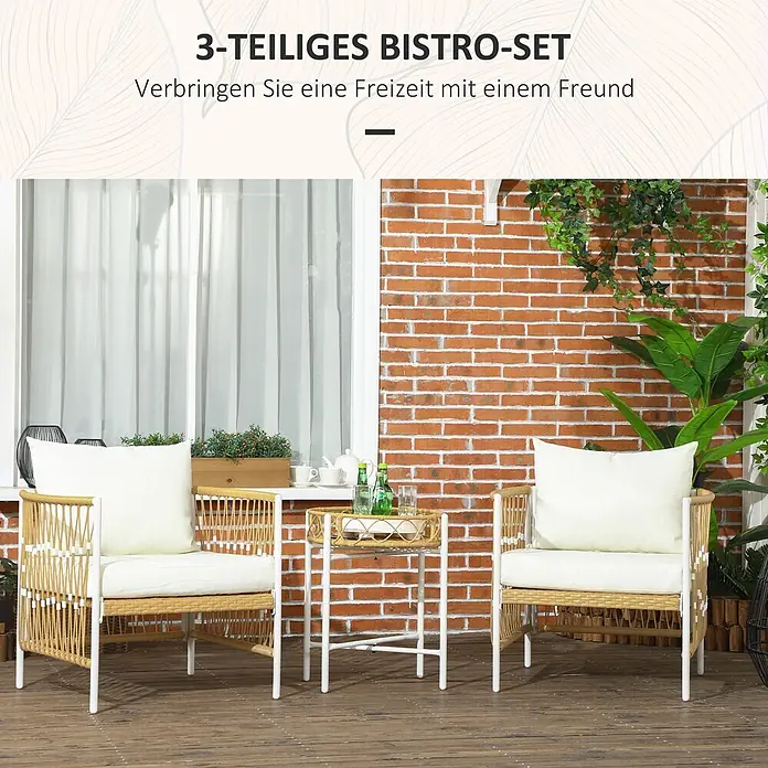 Outsunny Loungemöbel-Set mit Tisch - 3 -tlg., PE-Rattan, Polyester, legierter Stahl, 2x Stühle, 1x Tisch, 2x Sitzkissen, 2x Rückenkissen, 1x Handbuch, Gelb - 3-teiliges Bistro-Set mit zwei geflochtenen Rattansesseln, weißen Gestellen und cremefarbenen Kissen sowie einem passenden kleinen Tisch.
