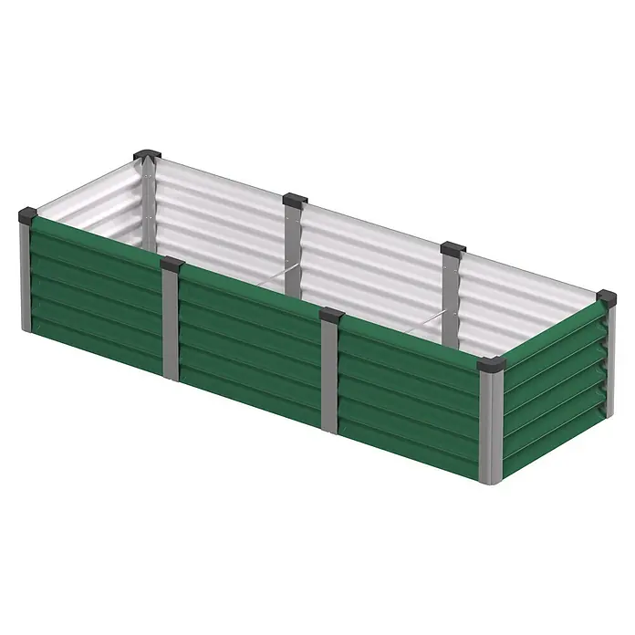 Vitavia Hochbeet Meta In & Out 401 - 185 x 65 x 40 cm, Zincalume®, Seegras/Alu - Rechteckiges Hochbeet, grüne Wellblechaußenwände, silberne Innenseite, graue Pfosten.