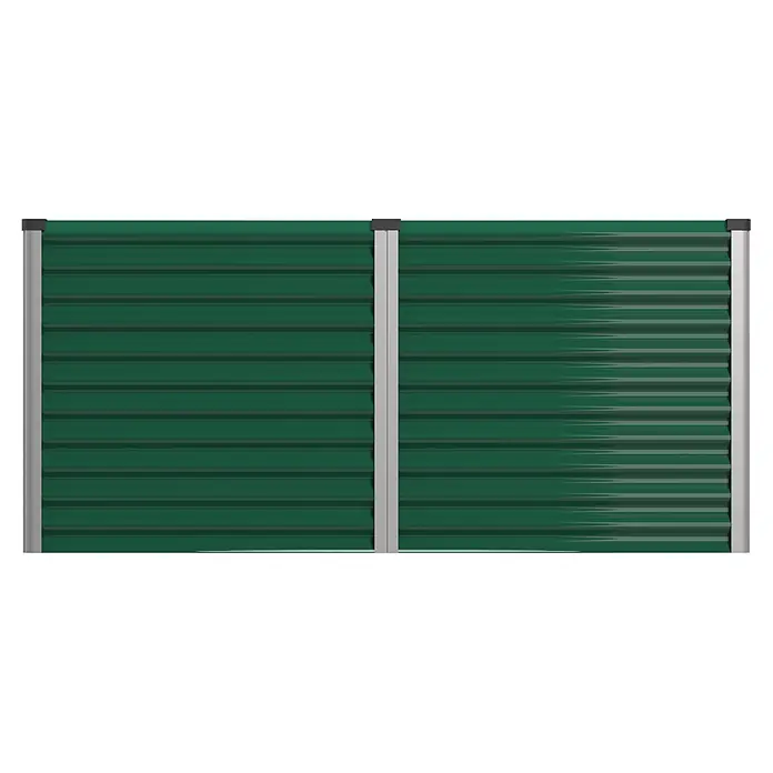Vitavia Hochbeet Meta 858 - 187,7 x 96,2 x 85,8 cm, Zincalume®, Seegras/Alu - Zwei grüne Wellblech-Zaunfelder mit grauen Pfosten.