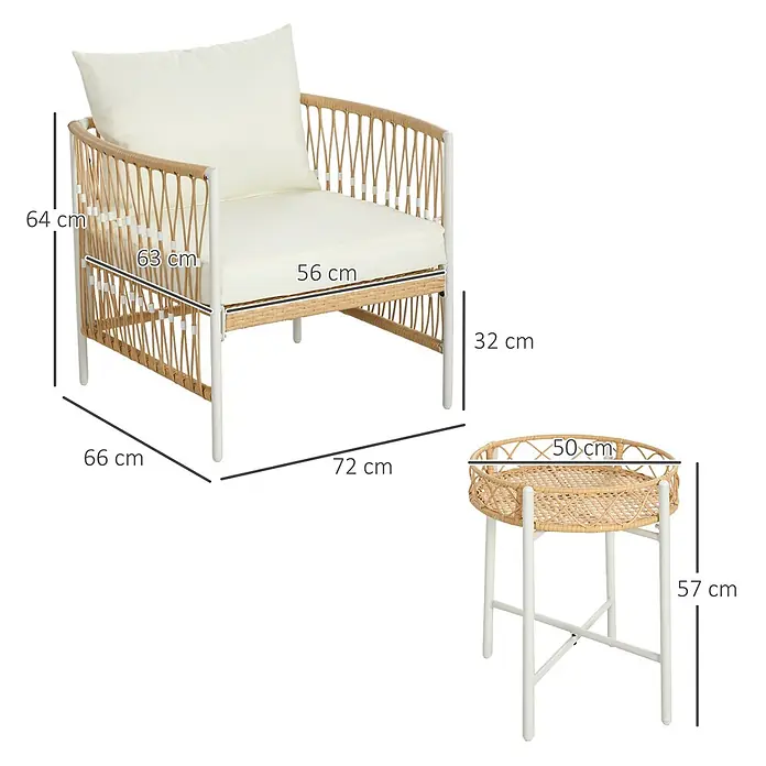 Outsunny Loungemöbel-Set mit Tisch - 3 -tlg., PE-Rattan, Polyester, legierter Stahl, 2x Stühle, 1x Tisch, 2x Sitzkissen, 2x Rückenkissen, 1x Handbuch, Gelb - Rattan-Sessel mit weißen Kissen und passendem Beistelltisch auf weißem Metallgestell.
