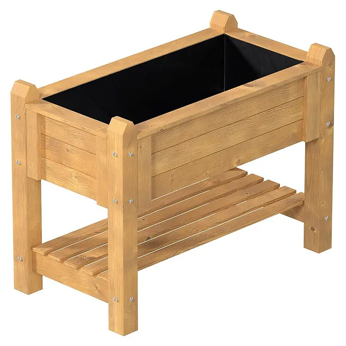 Promadino Kräuterhochbeet - 114 x 60 x 84,5 cm, Honigbraun - Hölzernes Hochbeet mit schwarzer Auskleidung und unterem Lattenregal.