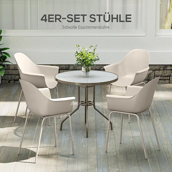 Outsunny Gartenstuhl-Set - 4 Stk., Stahl, Kunststoff, Grau - Vier beige Terrassenstühle mit Metallbeinen und passendem Glastisch, ideal für den Essbereich im Freien.