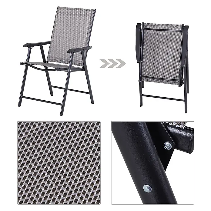 Outsunny Gartenstuhl-Set - 2 Stk., 70%PVC/30%Polyester, Klappbar, Grau, B x T x H: 64 x 64 x 94 cm - Dunkelgrauer Klappstuhl mit Netzgewebe-Sitz und -Rückenlehne, entfaltet und zusammengeklappt zur Aufbewahrung.
