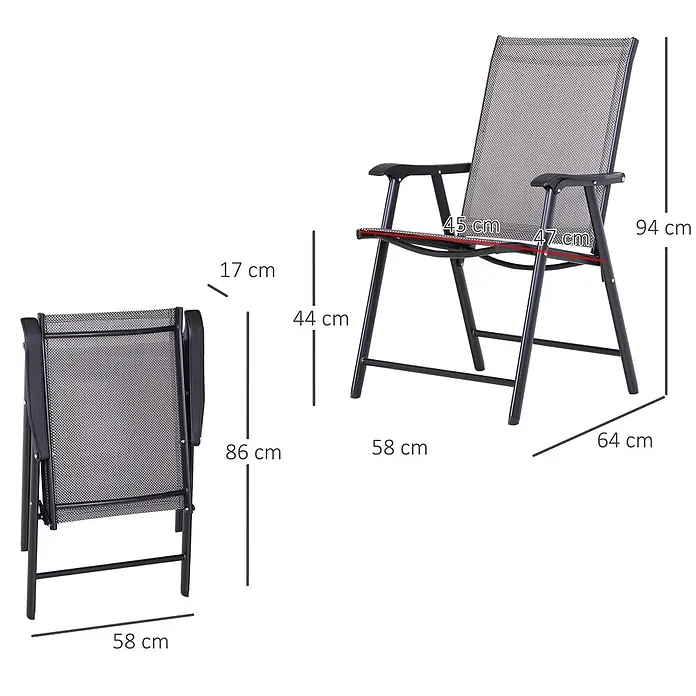 Outsunny Gartenstuhl-Set - 2 Stk., 70%PVC/30%Polyester, Klappbar, Grau, B x T x H: 64 x 64 x 94 cm - Dunkelgrauer Klappstuhl aus Netzgewebe mit Metallrahmen, offen und zusammengeklappt mit Maßen.