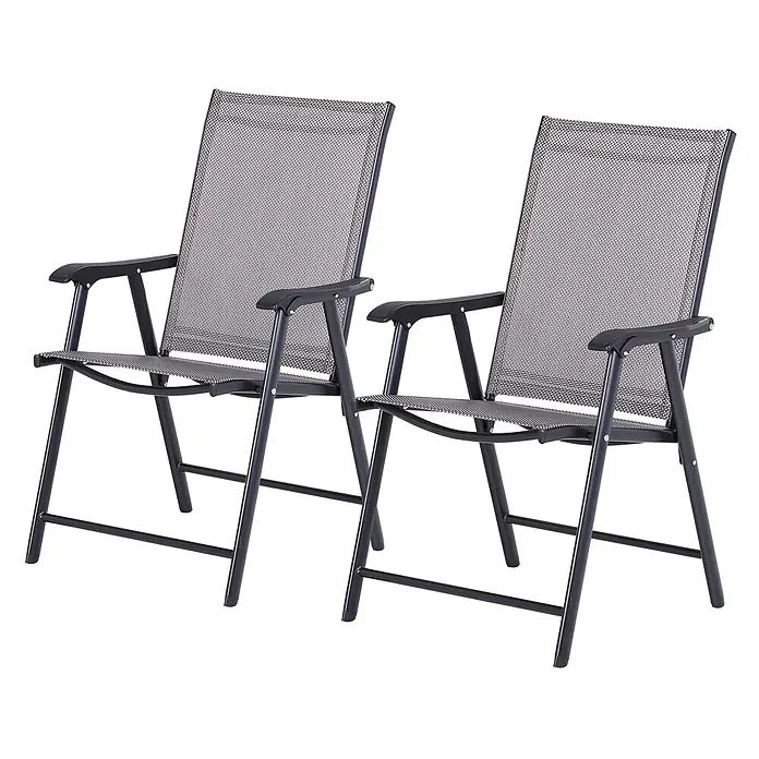 Outsunny Gartenstuhl-Set - 2 Stk., 70%PVC/30%Polyester, Klappbar, Grau, B x T x H: 64 x 64 x 94 cm - Zwei schwarze Metall-Klappstühle für die Terrasse mit grauen Netzstoff-Sitzen und -Rückenlehnen.