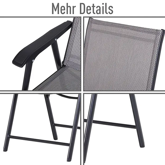 Outsunny Gartenstuhl-Set - 2 Stk., 70%PVC/30%Polyester, Klappbar, Grau, B x T x H: 64 x 64 x 94 cm - Nahaufnahmen eines Klappstuhls: schwarzer Metallrahmen, grauer Netzstoff, schwarze Armlehnen und Fußkappen.