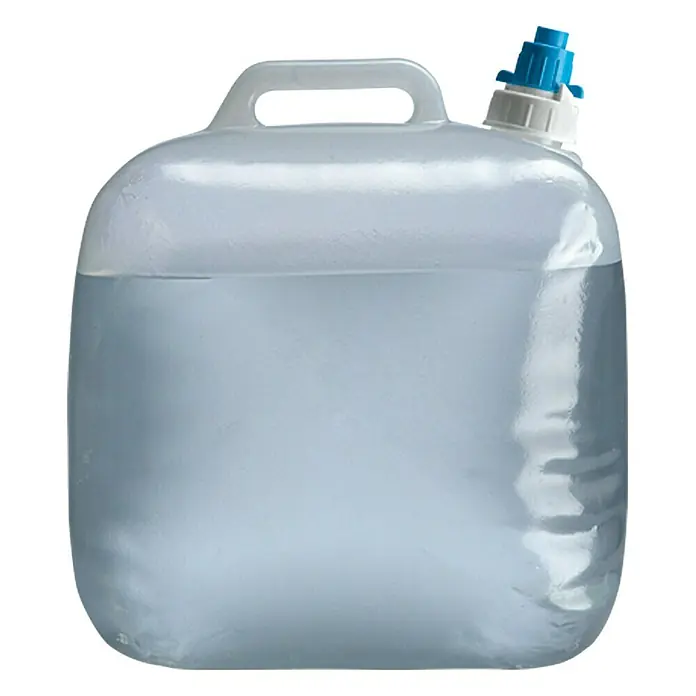 Faltkanister - 15 l - Ein durchsichtiger Wasserkanister mit blauem Verschluss und Griff oben. Ideal für Camping und Outdoor Aktivitäten.