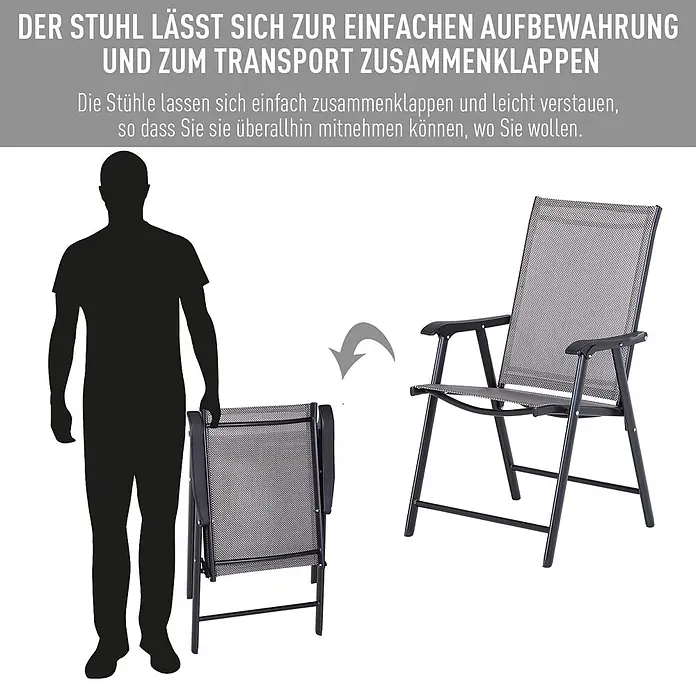 Outsunny Gartenstuhl-Set - 2 Stk., 70%PVC/30%Polyester, Klappbar, Grau, B x T x H: 64 x 64 x 94 cm - Schwarzer Klappstuhl aus Netzgewebe, gefaltet und entfaltet dargestellt, zur einfachen Aufbewahrung und Transport.