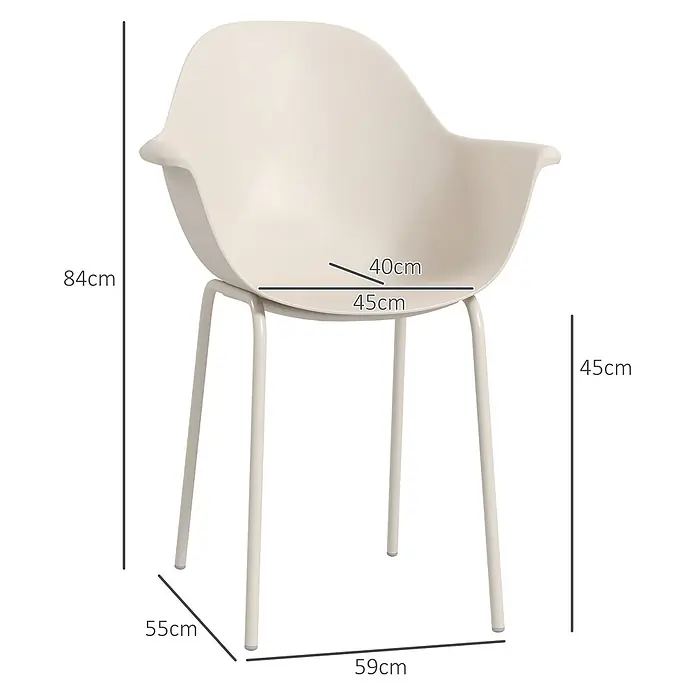 Outsunny Gartenstuhl-Set - 4 Stk., Stahl, Kunststoff, Grau - Hellbeiger Stuhl mit geformter Kunststoffsitzschale, Metallbeinen und Armlehnen. Maße: H 84cm, Sitz H 45cm, Sitz B 40-45cm, T 55cm, B 59cm.