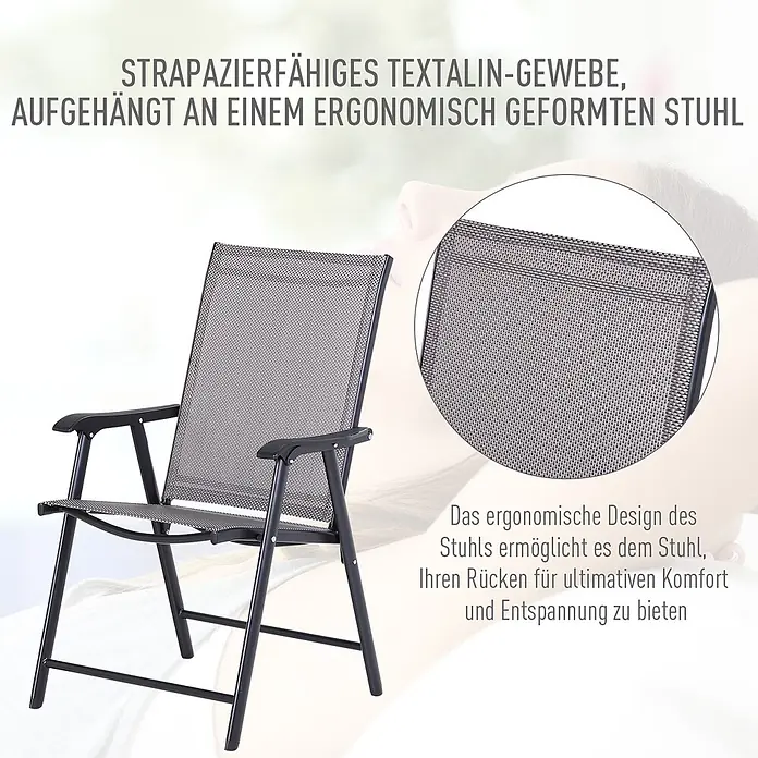 Outsunny Gartenstuhl-Set - 2 Stk., 70%PVC/30%Polyester, Klappbar, Grau, B x T x H: 64 x 64 x 94 cm - Grauer Klappstuhl mit schwarzem Gestell und strapazierfähigem Textilene-Gewebe für Komfort.