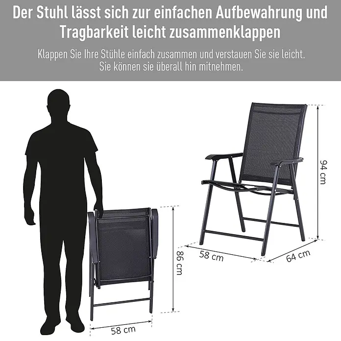 Outsunny Gartenstuhl-Set - 2 Stk., 70%PVC/30%Polyester, Klappbar, Schwarz - Dunkelgrauer klappbarer Netzstuhl, ausgeklappt (94x58x64 cm) und zusammengeklappt (86x58 cm) neben einer Personensilhouette, betont kompaktes Design.