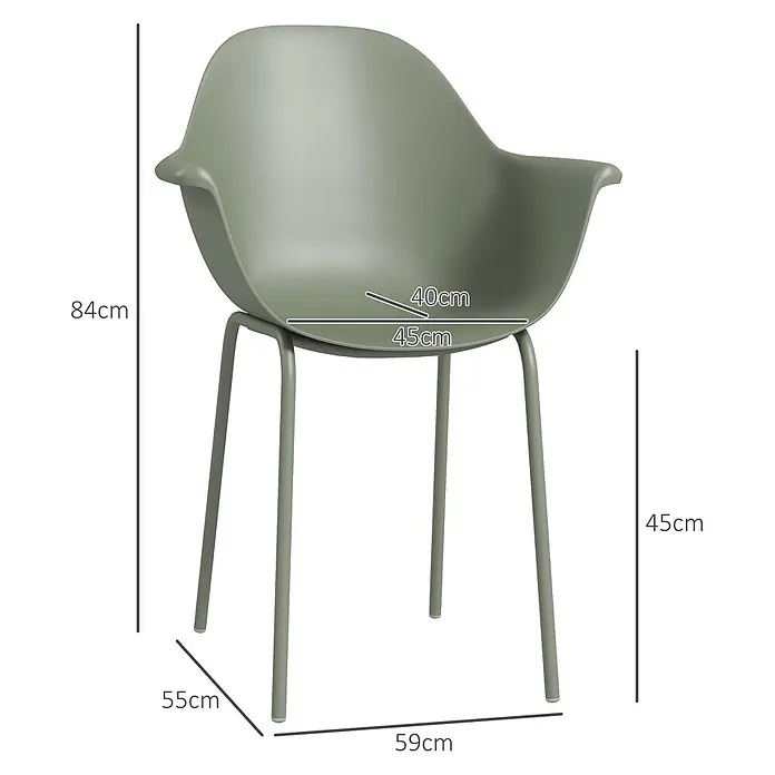 Outsunny Gartenstuhl-Set - 4 Stk., Stahl, Kunststoff, Grün, B x T x H: 55 x 55 x 84 cm - Moderner salbeigrüner Polypropylen-Stuhl mit Armlehnen und Metallbeinen, mit Maßen dargestellt.