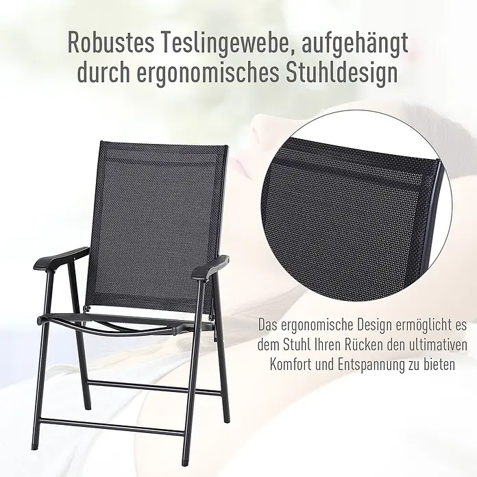 Outsunny Gartenstuhl-Set - 2 Stk., 70%PVC/30%Polyester, Klappbar, Schwarz - Schwarzer, klappbarer Stuhl aus robustem Teslingewebe mit ergonomischem Design für Komfort.