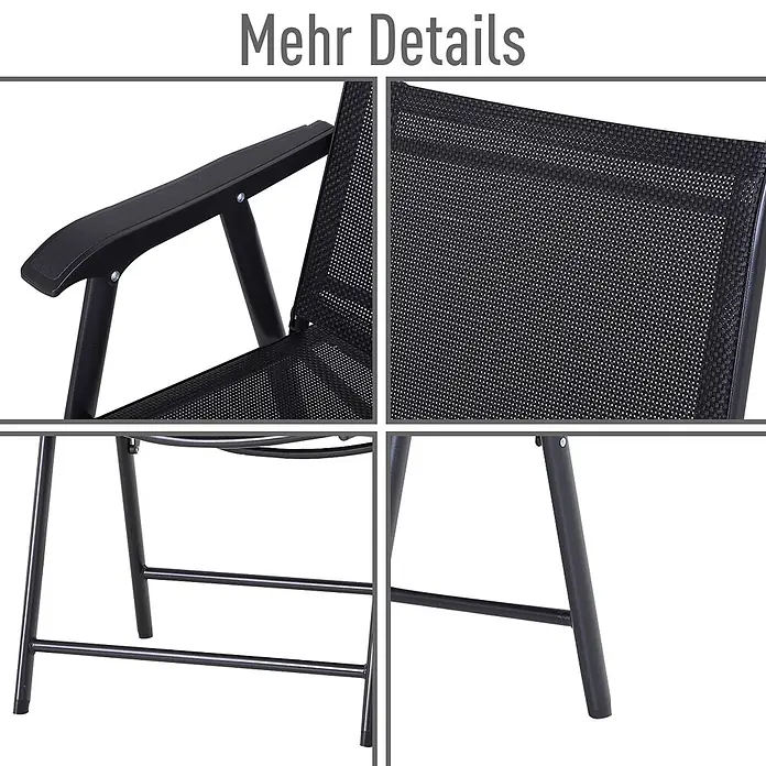 Outsunny Gartenstuhl-Set - 2 Stk., 70%PVC/30%Polyester, Klappbar, Schwarz - Nahaufnahmen eines schwarzen Outdoor-Stuhls mit atmungsaktivem Netzgewebe, schwarzen Armlehnen und robusten Metallbeinen.