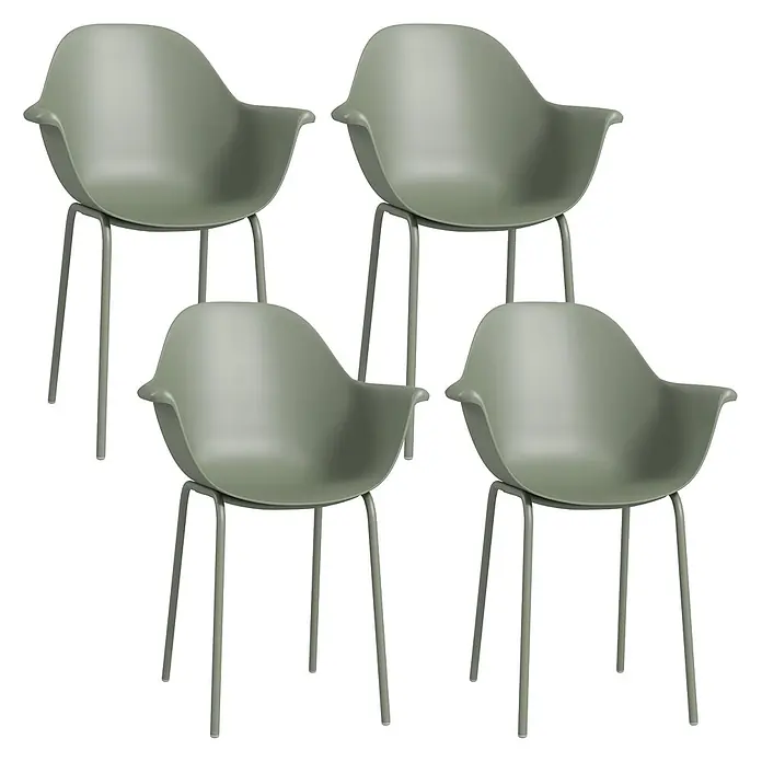 Outsunny Gartenstuhl-Set - 4 Stk., Stahl, Kunststoff, Grün, B x T x H: 55 x 55 x 84 cm - Vier salbeigrüne Kunststoff-Esszimmerstühle mit Armlehnen und passenden Metallbeinen.