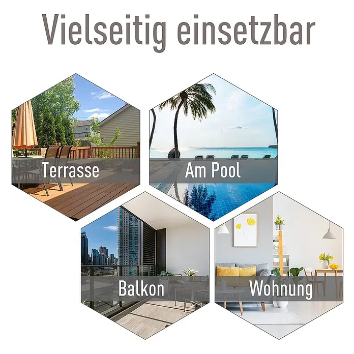 Outsunny Gartenstuhl-Set - 2 Stk., 70%PVC/30%Polyester, Klappbar, Schwarz - Vier hexagonale Bilder zeigen vielseitige Produktanwendung auf Terrasse, am Pool, auf Balkon und in Wohnung.