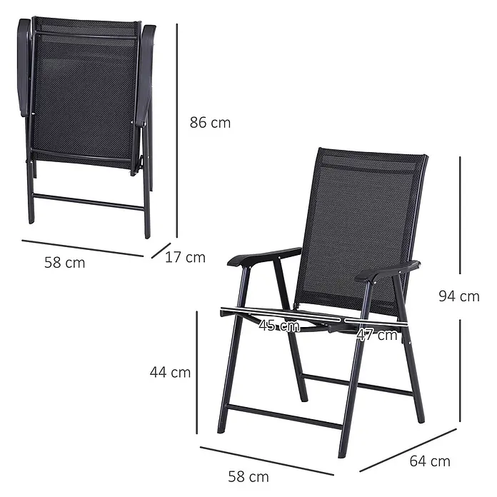Outsunny Gartenstuhl-Set - 2 Stk., 70%PVC/30%Polyester, Klappbar, Schwarz - Schwarzer Klappstuhl, aufgeklappt und zusammengeklappt, mit Maßen.