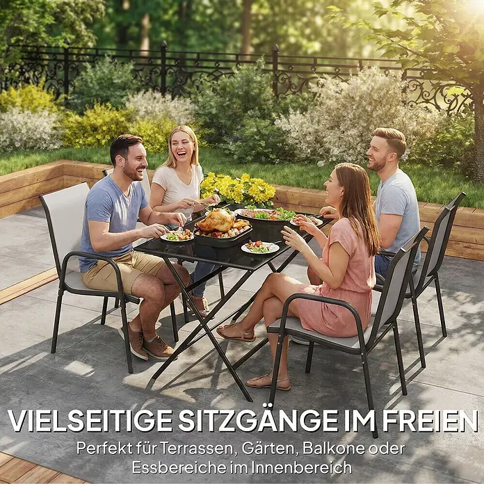 Outsunny Gartenstuhl-Set - 4 Stk., 100% Netzstoff, Stapelbar, Hellgrau - Outdoor-Essgruppe mit dunklem Metalltisch und vier hellen Stühlen, von vier Personen genutzt. Vielseitig für Terrasse, Garten, Balkon oder Essbereich innen.